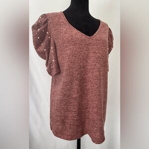 Ivy Ridge, Heather Pink Short Puffed Sleeve Pearl Accents 80's Vibe, Sweater